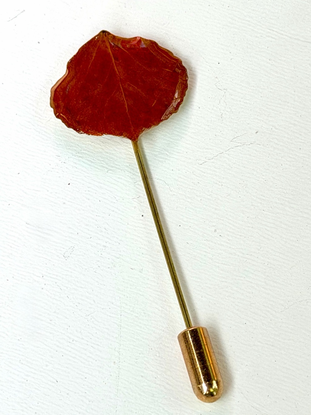🍁 Artisan Made Red Leaf Stick Pin w/Gold Tone Stem, 2.5”L